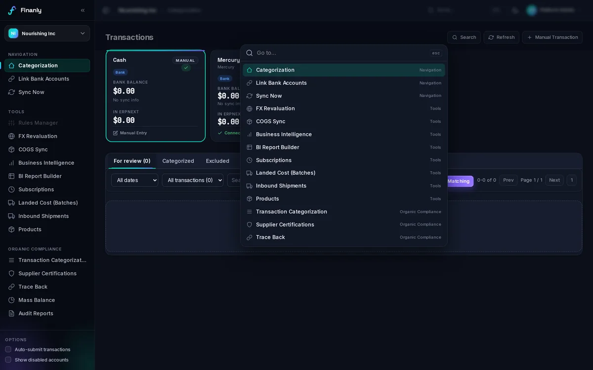 Finanly command palette open over the transactions page in dark theme