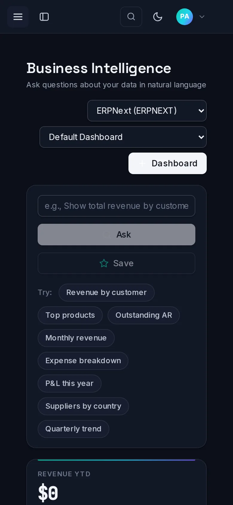 Finanly Ask Your Books on a phone, dark theme