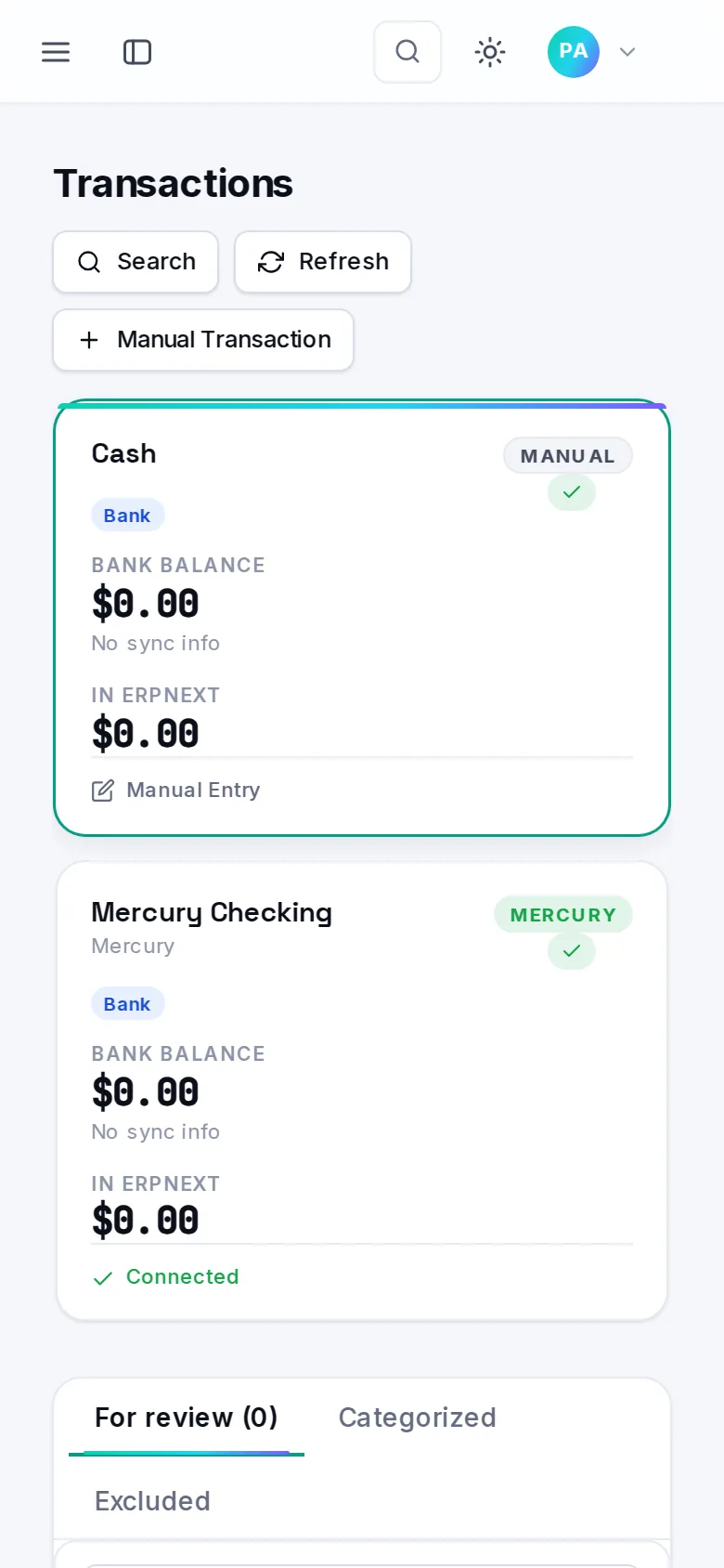 Finanly transactions on a phone, light theme