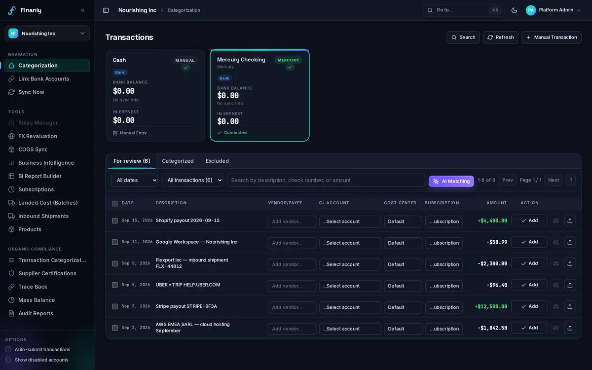 Finanly transactions workspace