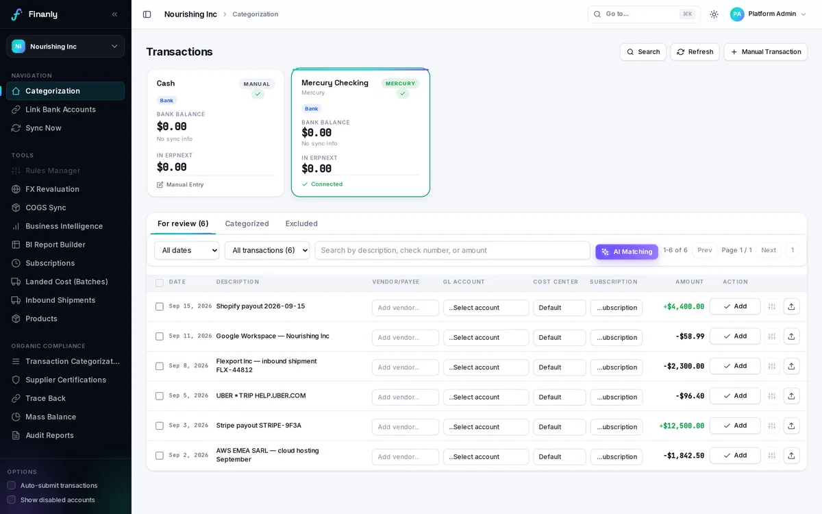 Finanly transactions workspace with bank cards and the review queue, light theme